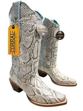 Corral Genuine Python Snip-Toe Western Cowboy Boots Baby Blue Sz 8 NEW
